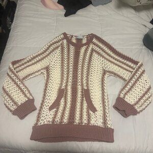 Free People Dayton Sweater Pullover Crochet Knit Beach Purple Cream